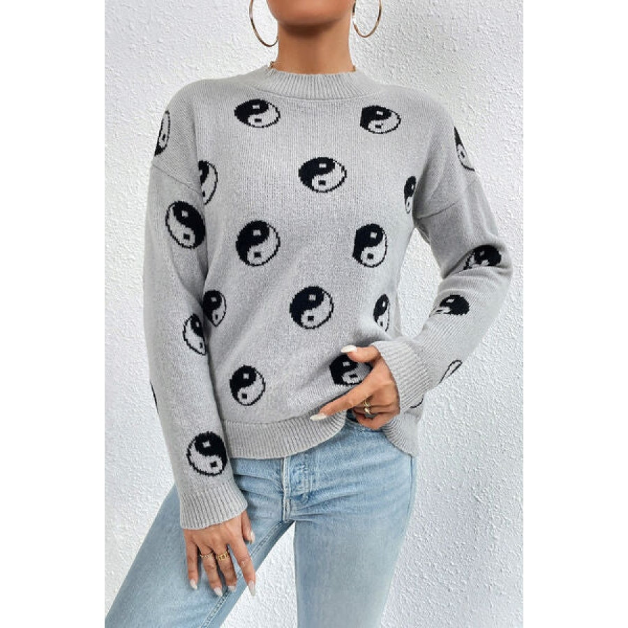 Graphic Mock Neck Dropped Shoulder Sweater Light Gray / S Clothing