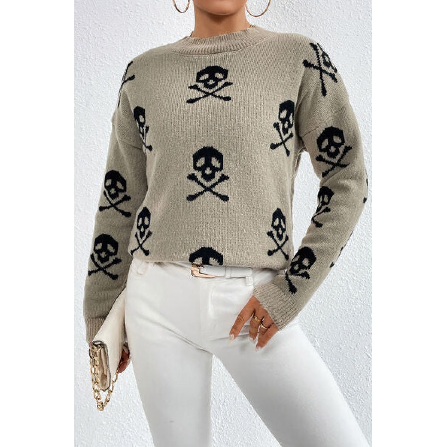 Graphic Mock Neck Dropped Shoulder Sweater Tan / S Clothing