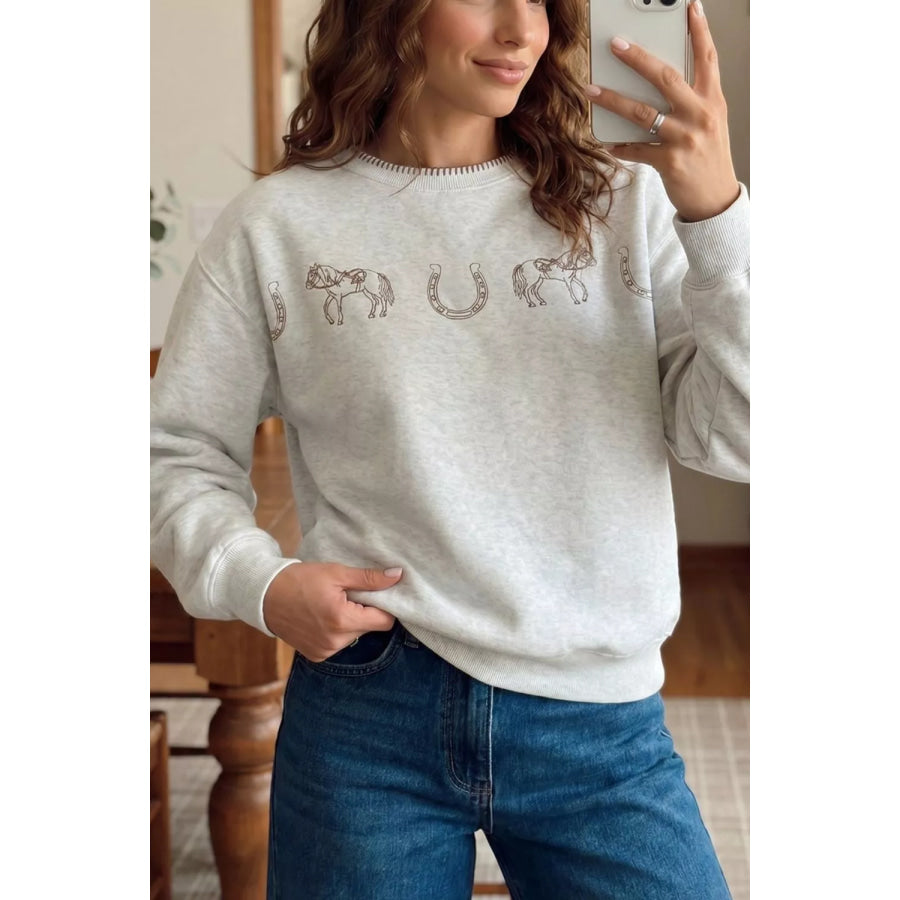 Graphic Round Neck Casual Sweatshirt Light Gray / S Apparel and Accessories