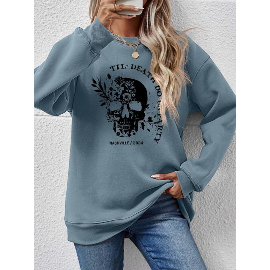 Graphic Round Neck Dropped Shoulder Sweatshirt Air Force Blue / S