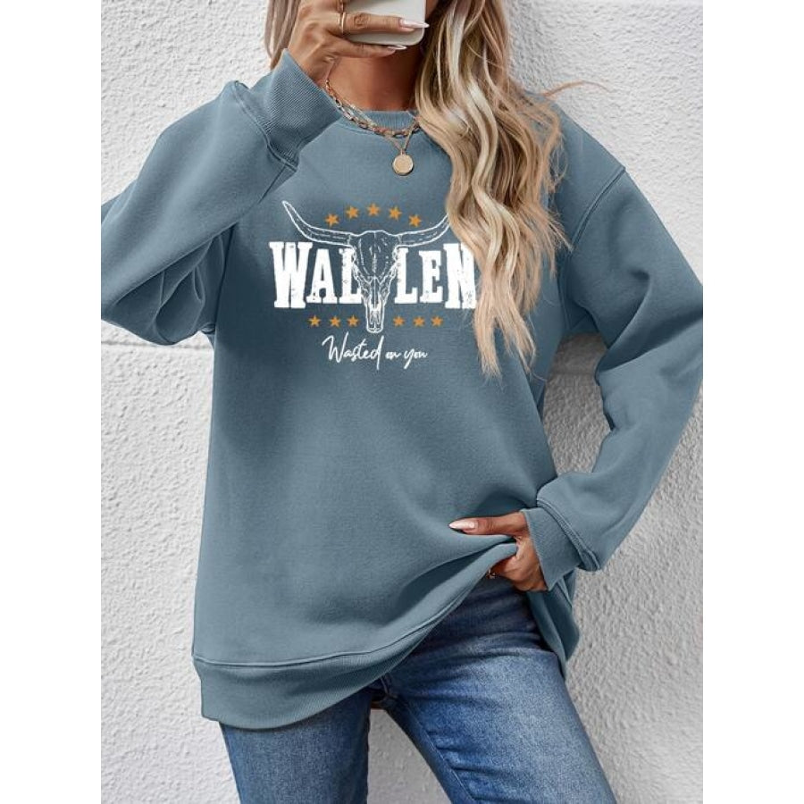 Graphic Round Neck Dropped Shoulder Sweatshirt Air Force Blue / S