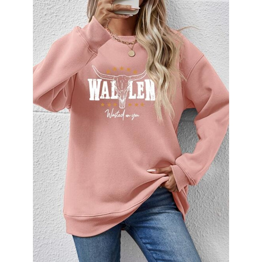 Graphic Round Neck Dropped Shoulder Sweatshirt Blush Pink / S