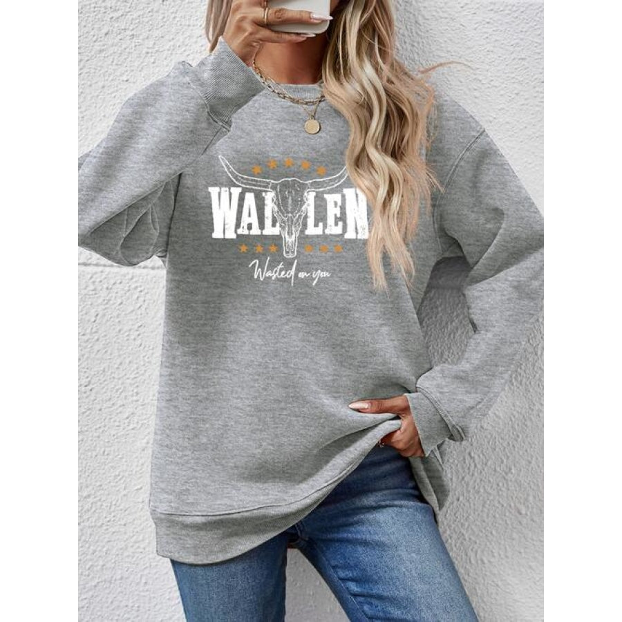 Graphic Round Neck Dropped Shoulder Sweatshirt Charcoal / S