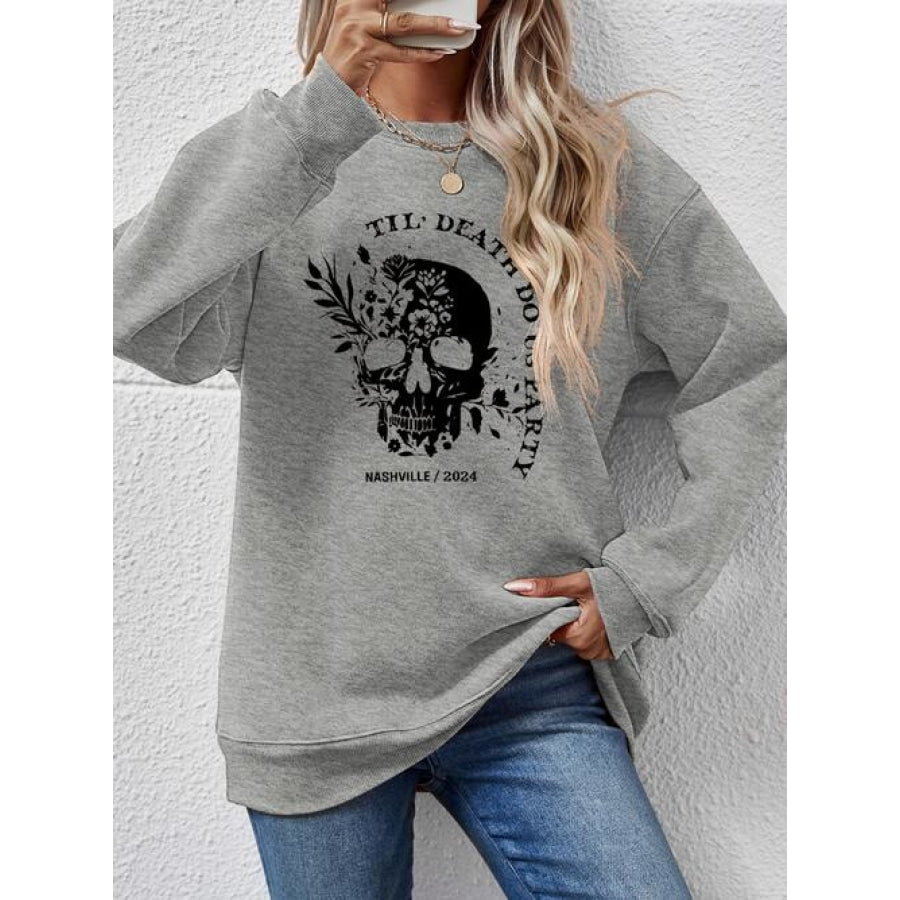 Graphic Round Neck Dropped Shoulder Sweatshirt Charcoal / S