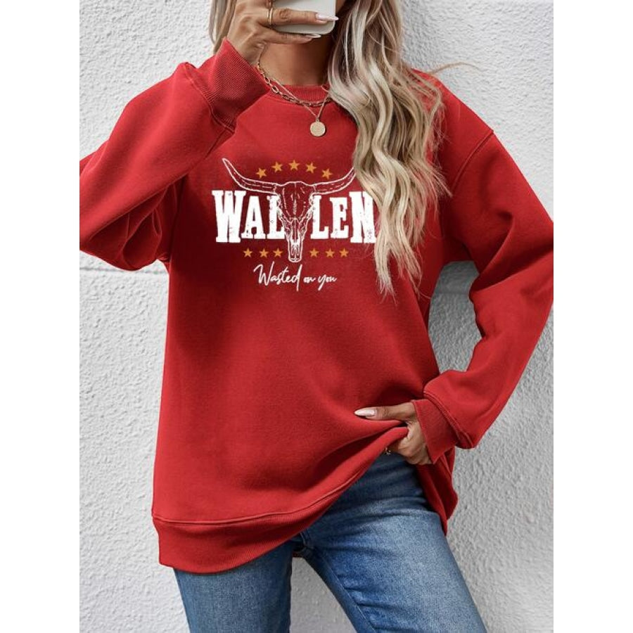 Graphic Round Neck Dropped Shoulder Sweatshirt Deep Red / S