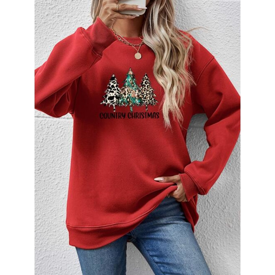 Graphic Round Neck Dropped Shoulder Sweatshirt Deep Red / S