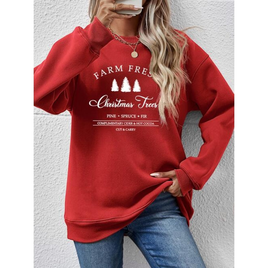 Graphic Round Neck Dropped Shoulder Sweatshirt Deep Red / S