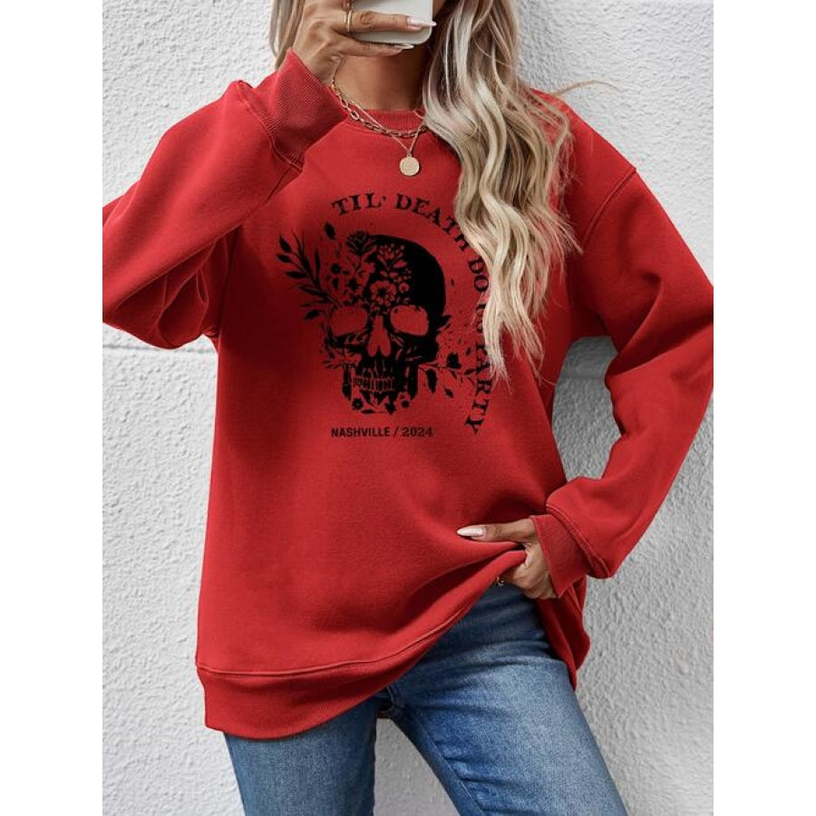 Graphic Round Neck Dropped Shoulder Sweatshirt Deep Red / S