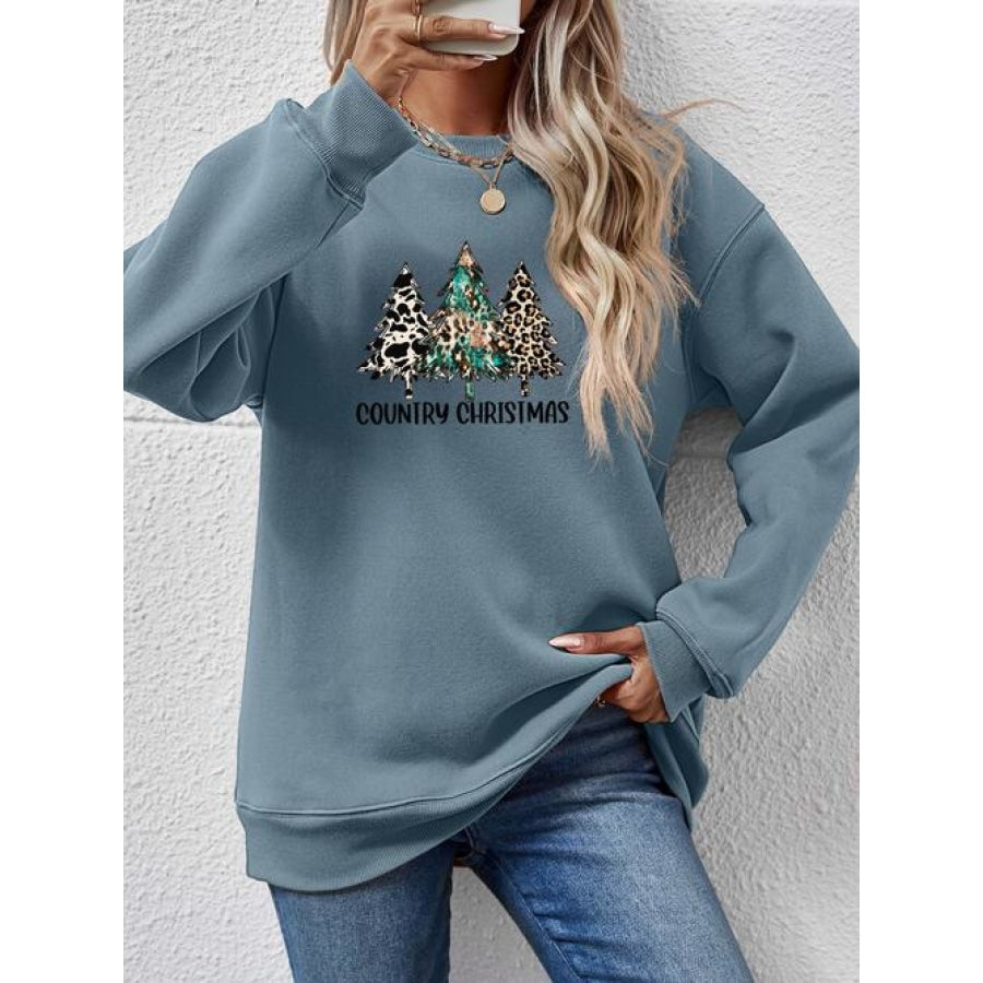 Graphic Round Neck Dropped Shoulder Sweatshirt French Blue / S