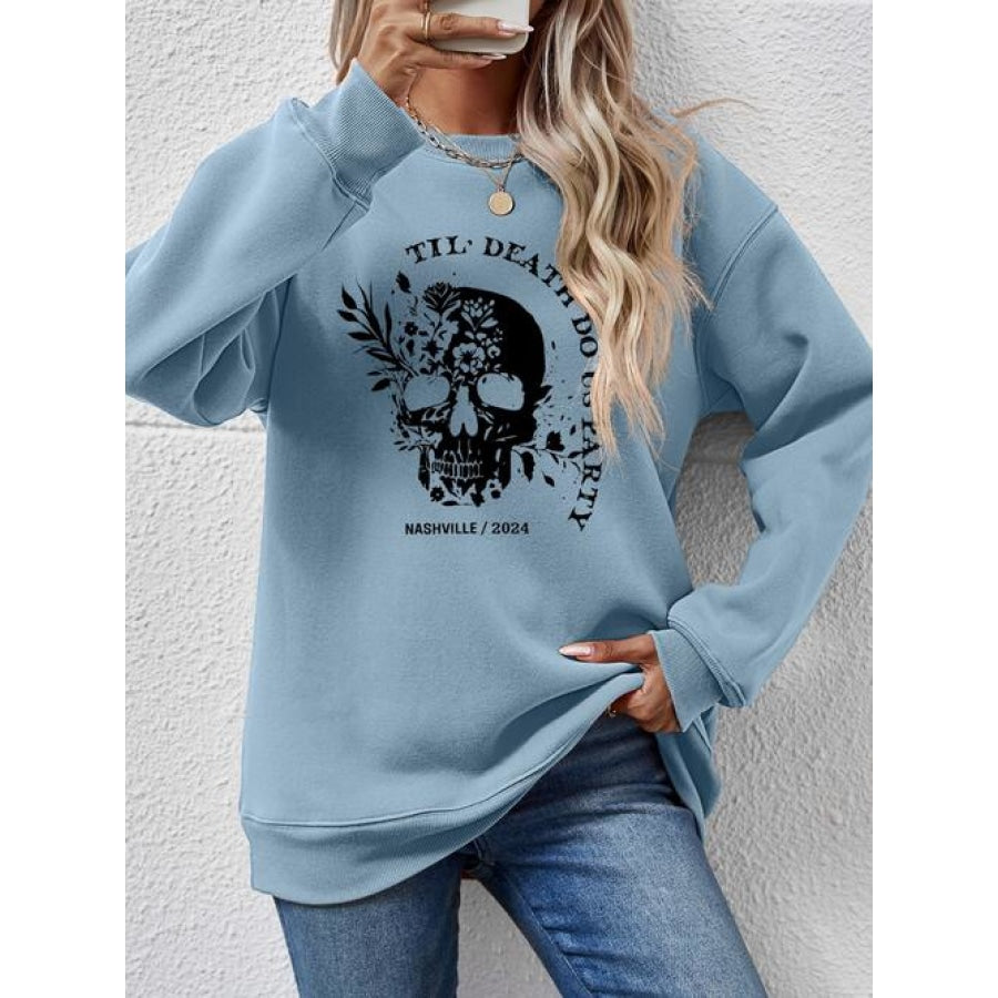 Graphic Round Neck Dropped Shoulder Sweatshirt Misty Blue / S