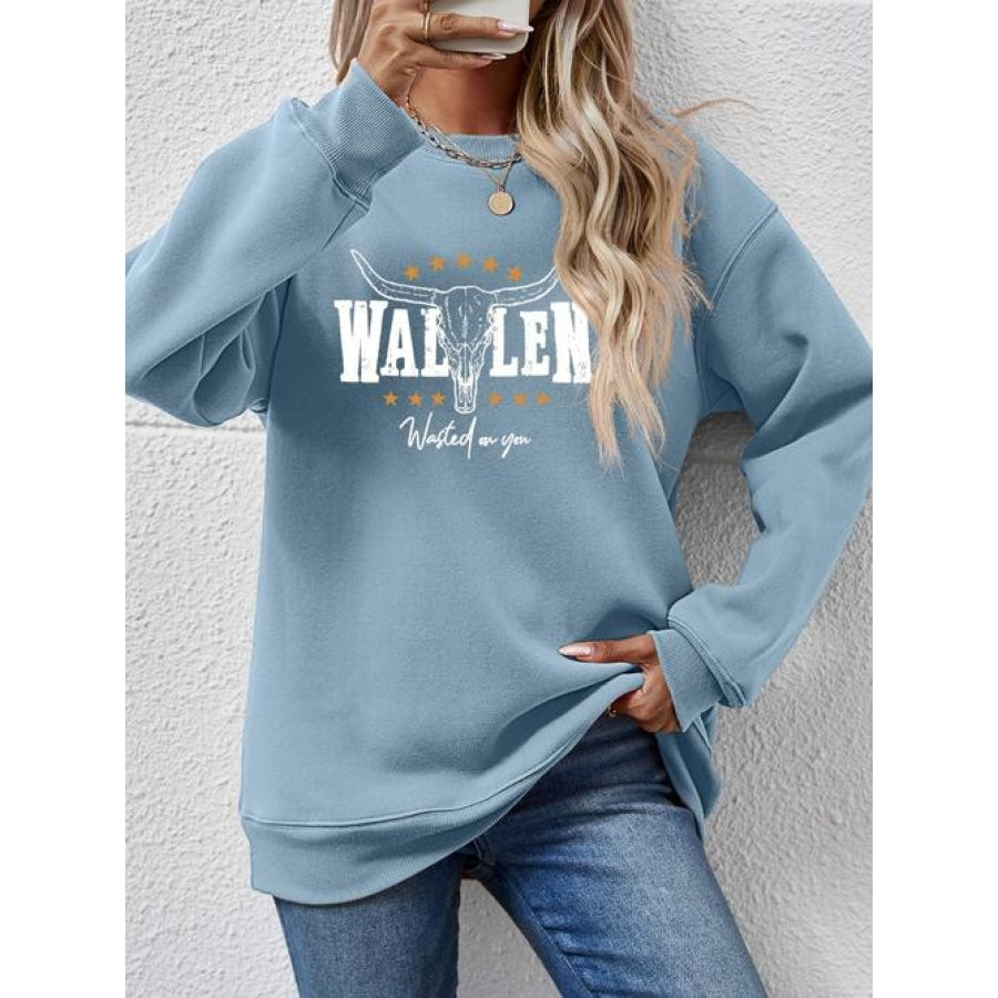 Graphic Round Neck Dropped Shoulder Sweatshirt Misty Blue / S