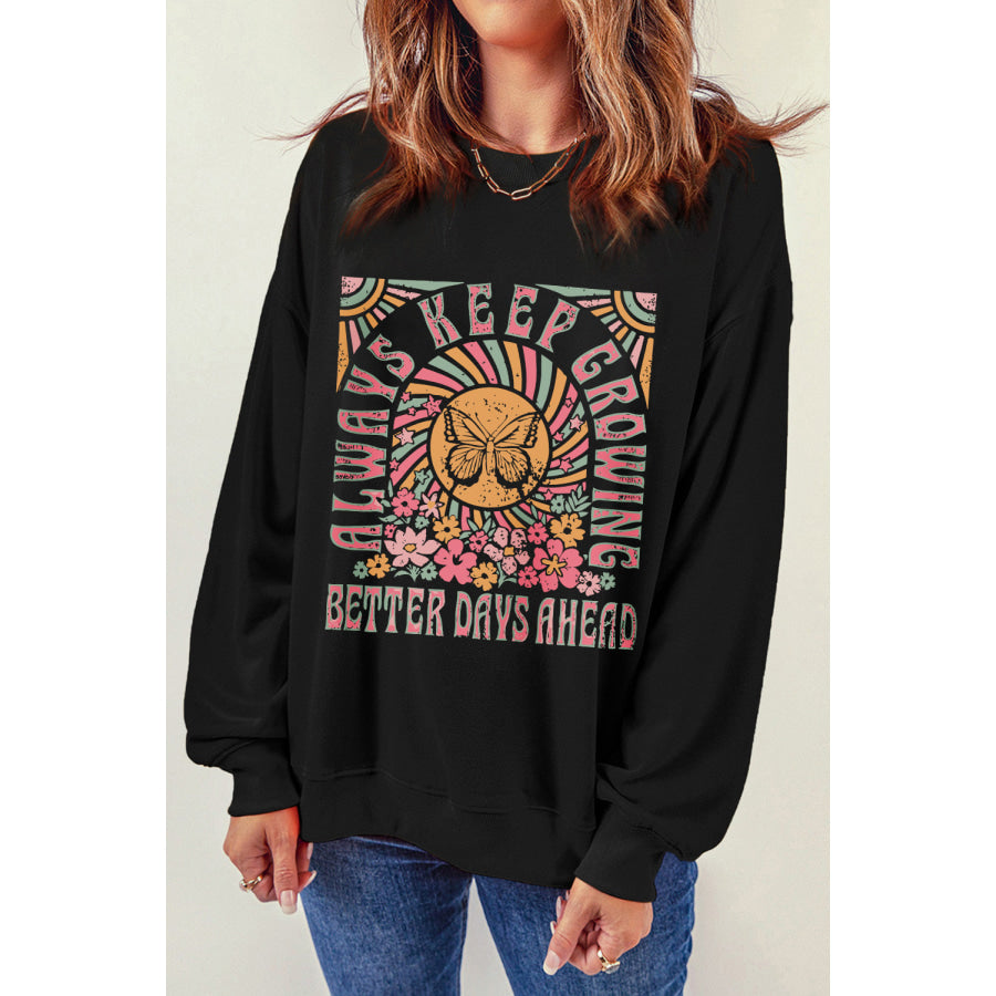 Graphic Round Neck Long Sleeve Sweatshirt Black / S Apparel and Accessories