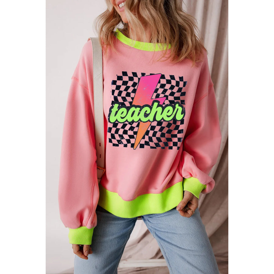 Graphic Round Neck Long Sleeve Sweatshirt Blush Pink / S Apparel and Accessories