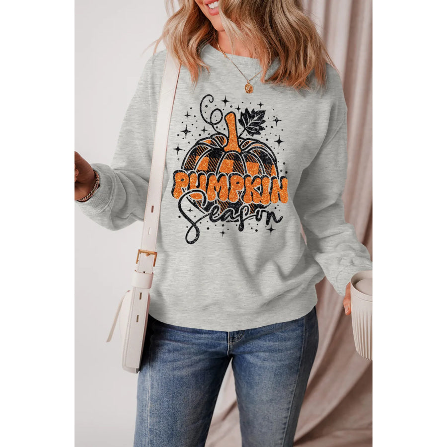 Graphic Round Neck Long Sleeve Sweatshirt Gray / S Apparel and Accessories