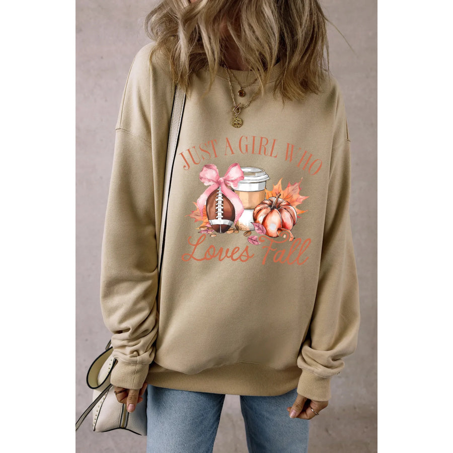 Graphic Round Neck Long Sleeve Sweatshirt Khaki / S Apparel and Accessories