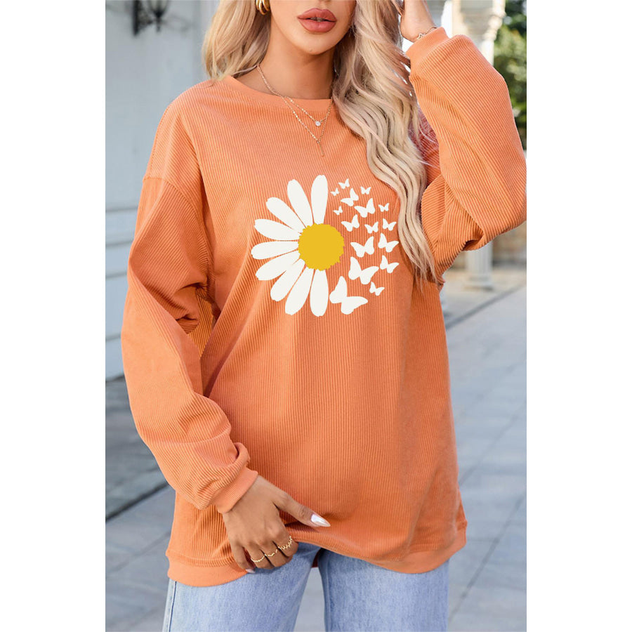 Graphic Round Neck Long Sleeve Sweatshirt Sherbet / S Apparel and Accessories