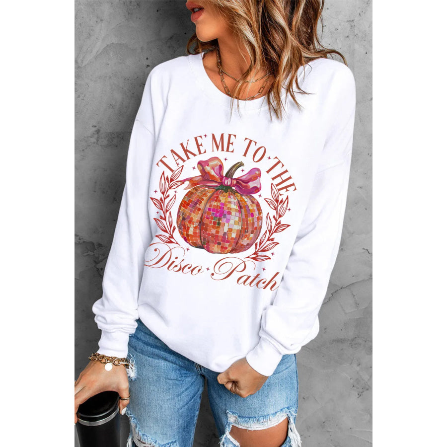 Graphic Round Neck Long Sleeve Sweatshirt White / S Apparel and Accessories