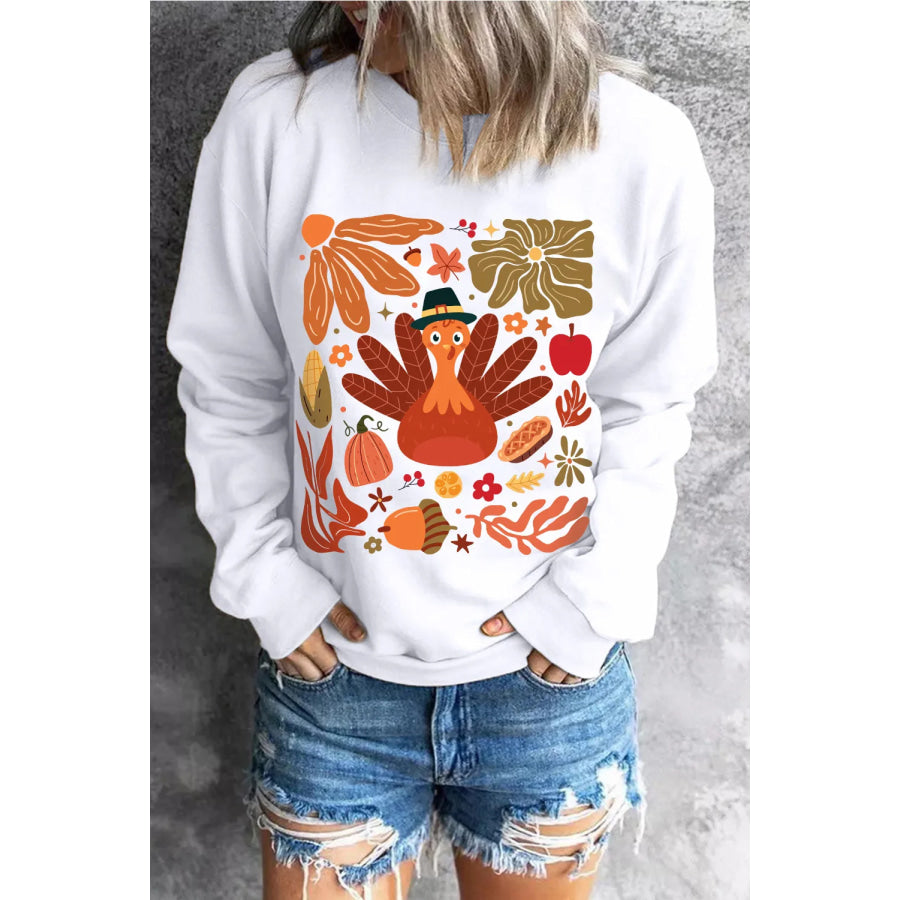 Graphic Round Neck Long Sleeve Sweatshirt White / S Apparel and Accessories