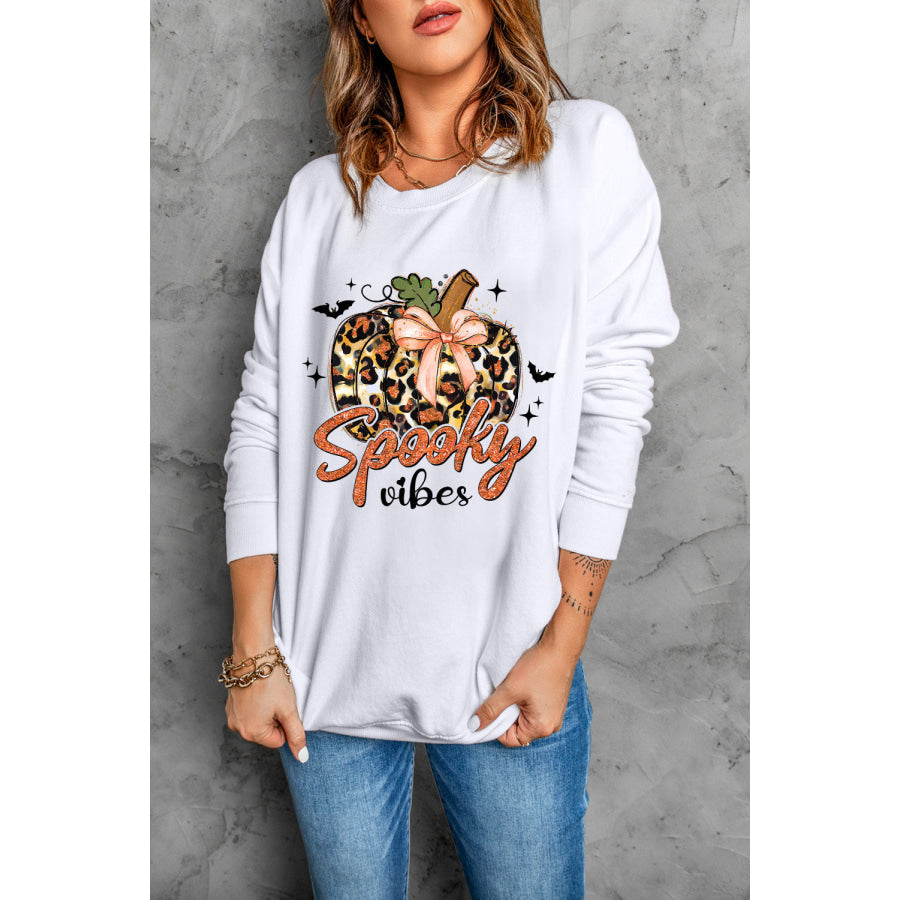 Graphic Round Neck Long Sleeve Sweatshirt White / S Apparel and Accessories