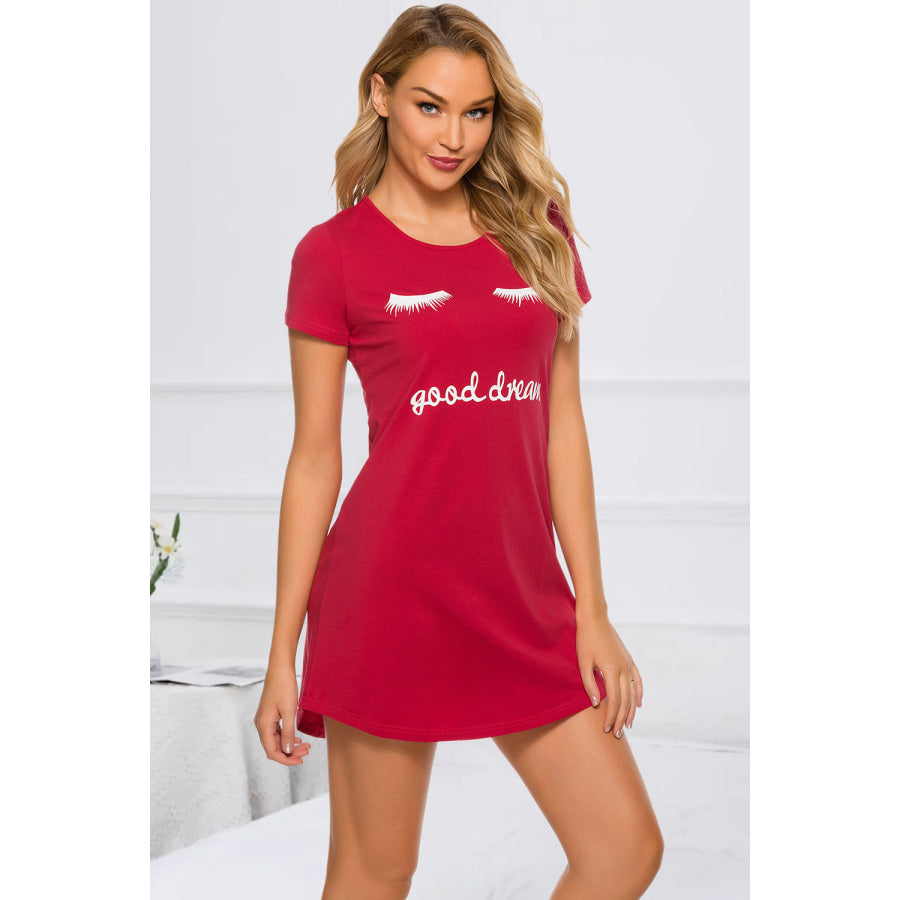 Graphic Round Neck Short Sleeve Lounge Dress Red / S Apparel and Accessories