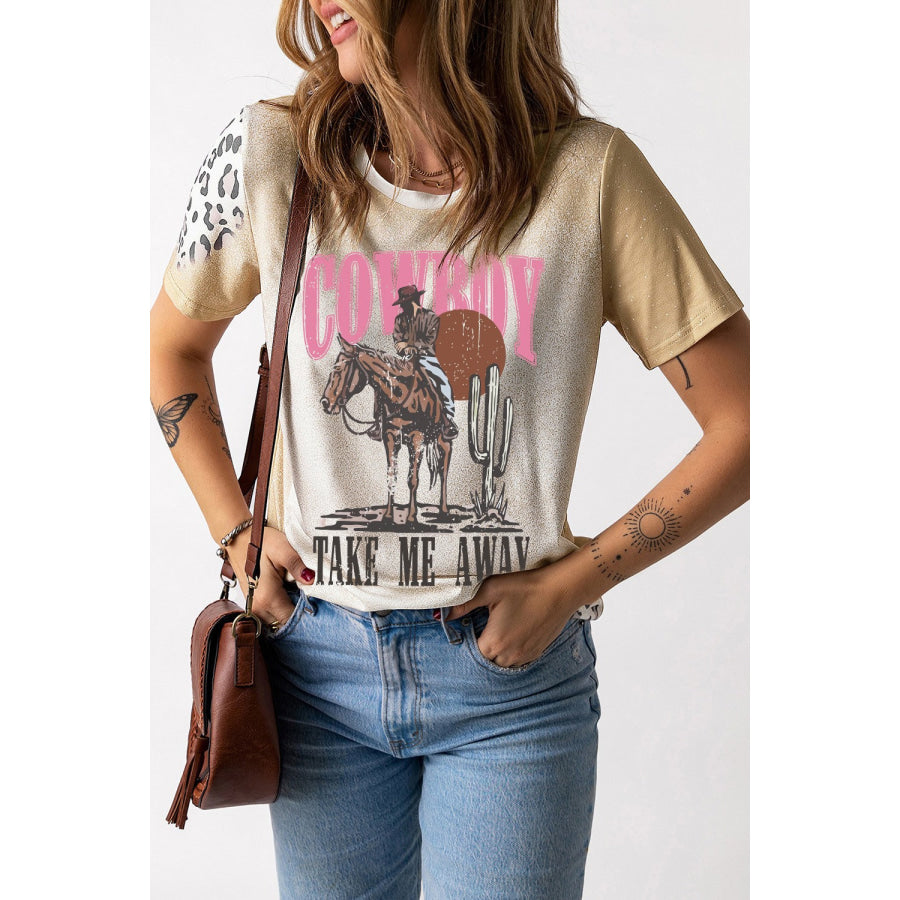 Graphic Round Neck Short Sleeve T-Shirt Tan / S Apparel and Accessories