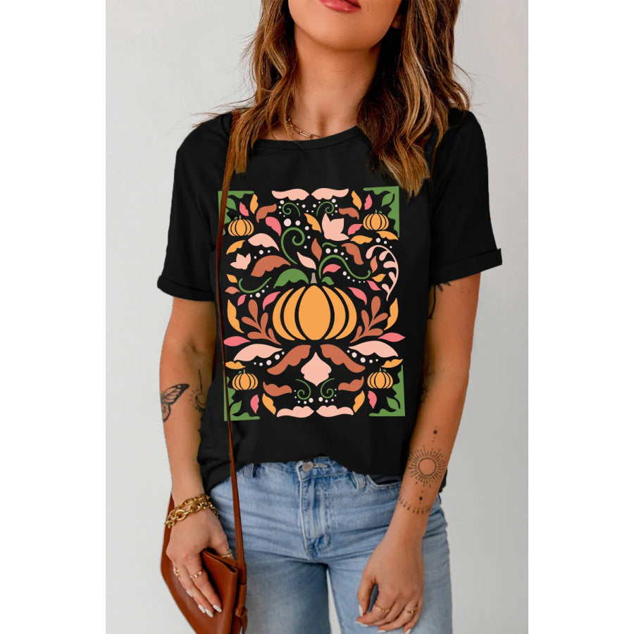 Graphic Round Neck Short Sleeve T-Shirt Black / S Apparel and Accessories