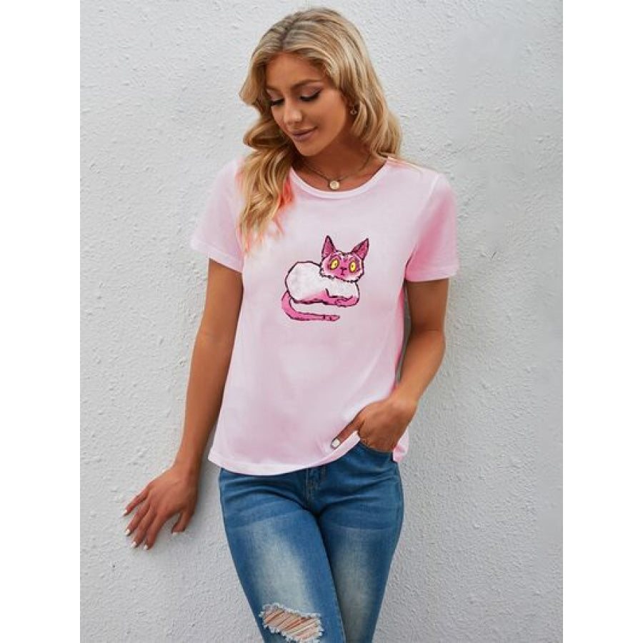 Graphic Round Neck Short Sleeve T - Shirt Blush Pink / S Apparel and Accessories