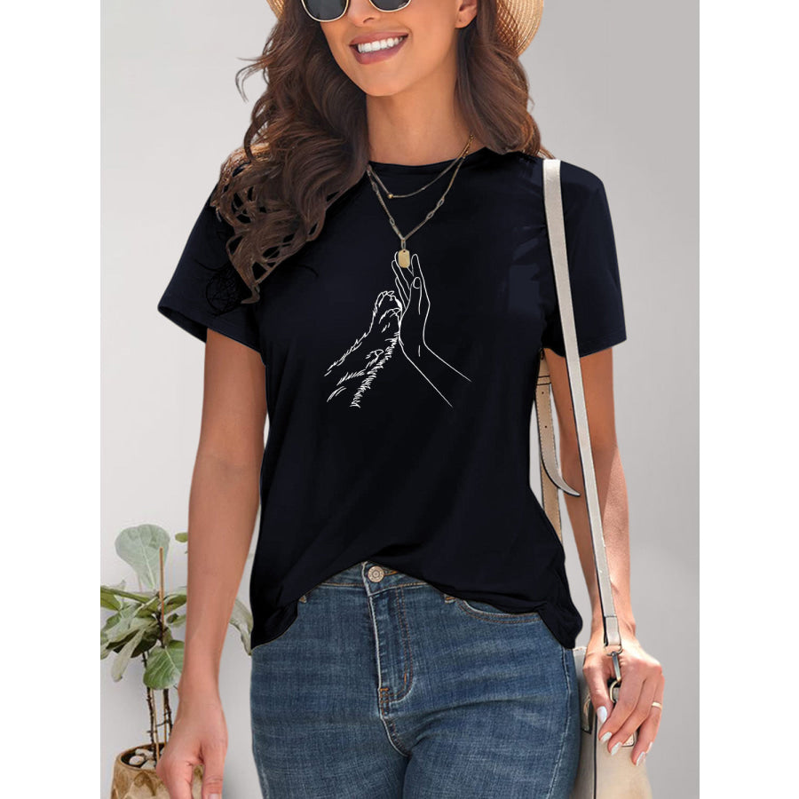 Graphic Round Neck Short Sleeve T-Shirt Dark Navy / S Apparel and Accessories