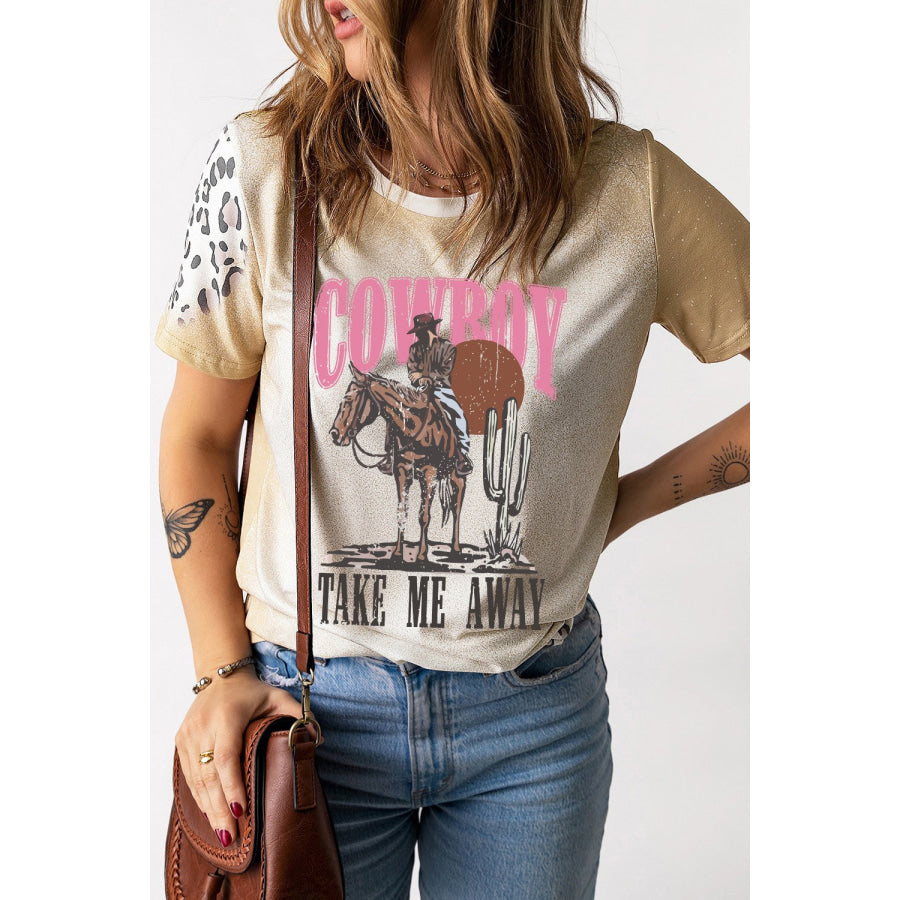 Graphic Round Neck Short Sleeve T-Shirt Tan / S Apparel and Accessories