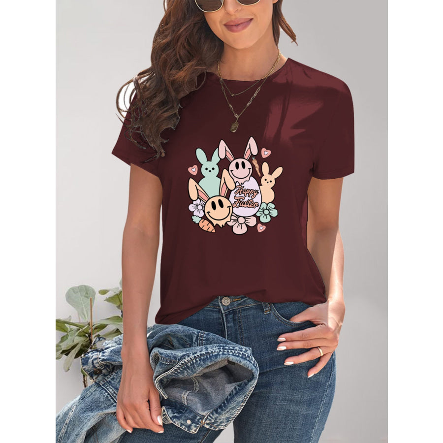 Graphic Round Neck Short Sleeve T - Shirt Wine / S Apparel and Accessories