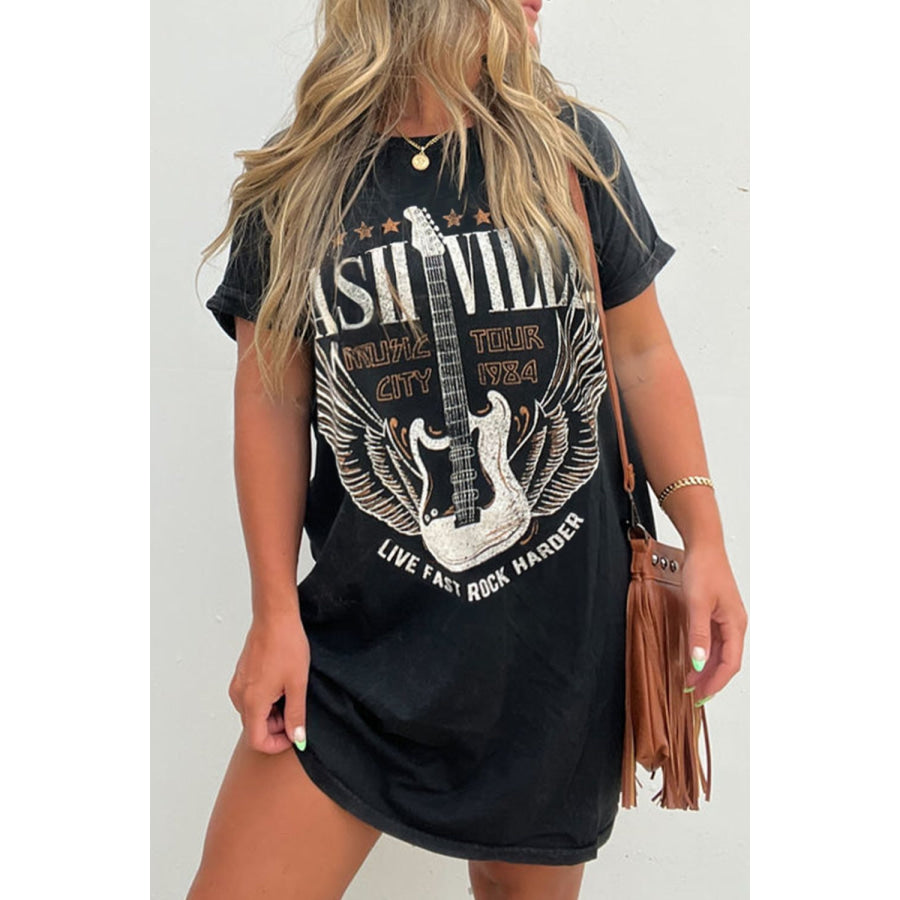 Graphic Round Neck Short Sleeve Tee Dress Black / S Apparel and Accessories
