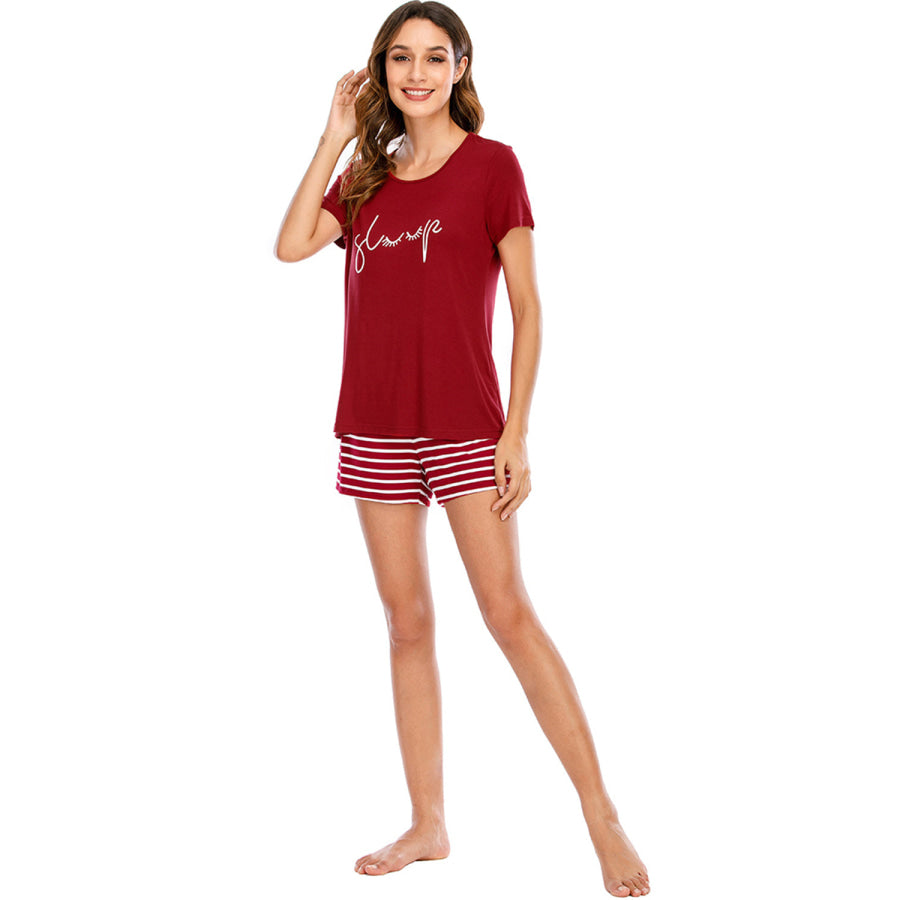 Graphic Round Neck Top and Striped Shorts Lounge Set Apparel Accessories