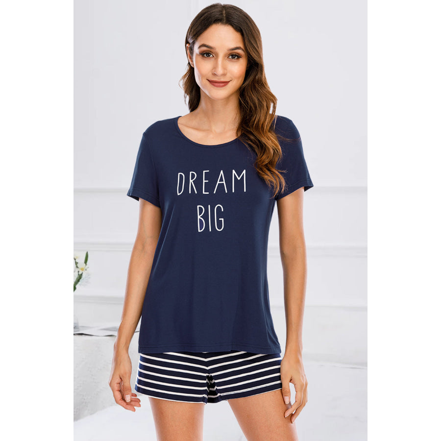 Graphic Round Neck Top and Striped Shorts Lounge Set Navy / S Apparel Accessories