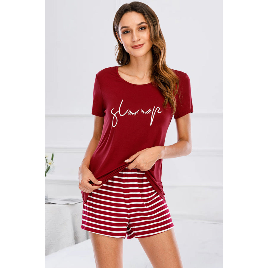 Graphic Round Neck Top and Striped Shorts Lounge Set Scarlet / S Apparel Accessories