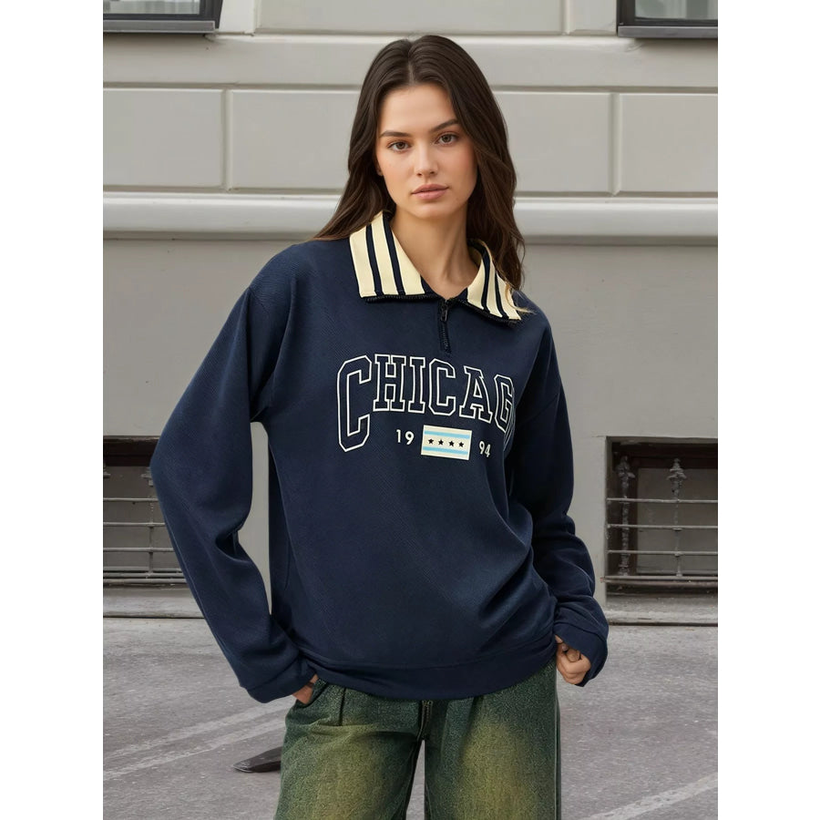 Graphic Sweatshirt with Striped Collar Apparel and Accessories