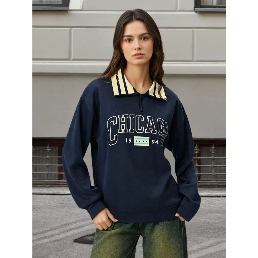 Graphic Sweatshirt with Striped Collar Dark Blue / M Apparel and Accessories