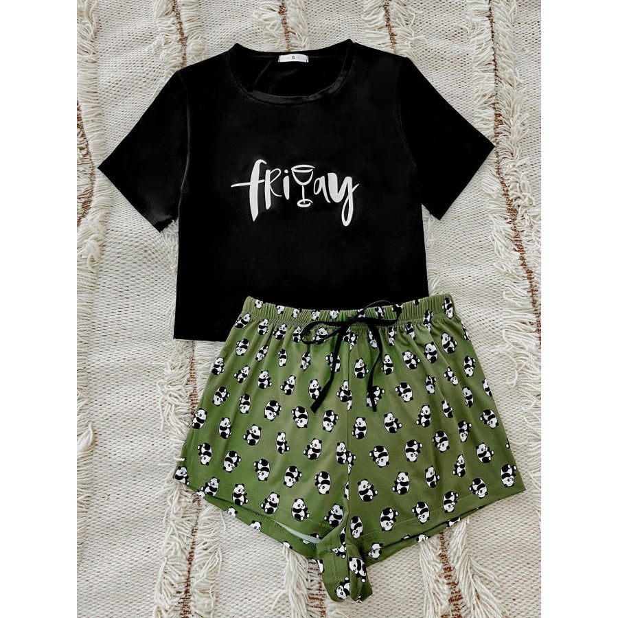 Graphic Tee and Panda Print Shorts Lounge Set Green / S