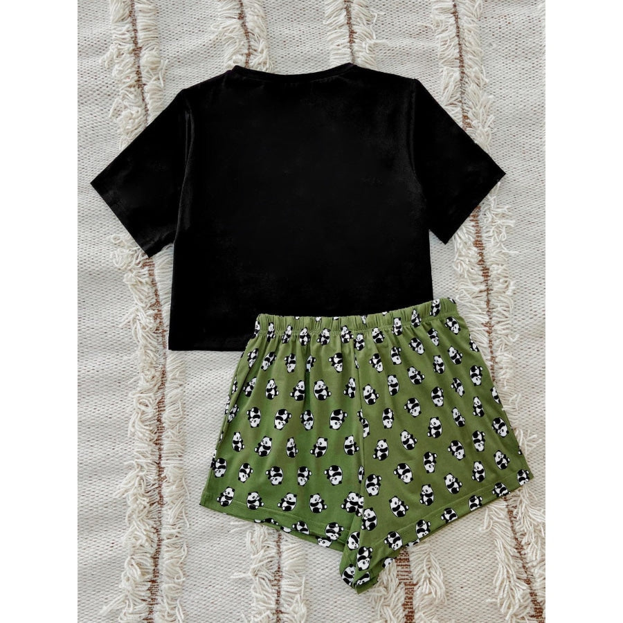 Graphic Tee and Panda Print Shorts Lounge Set Green / S