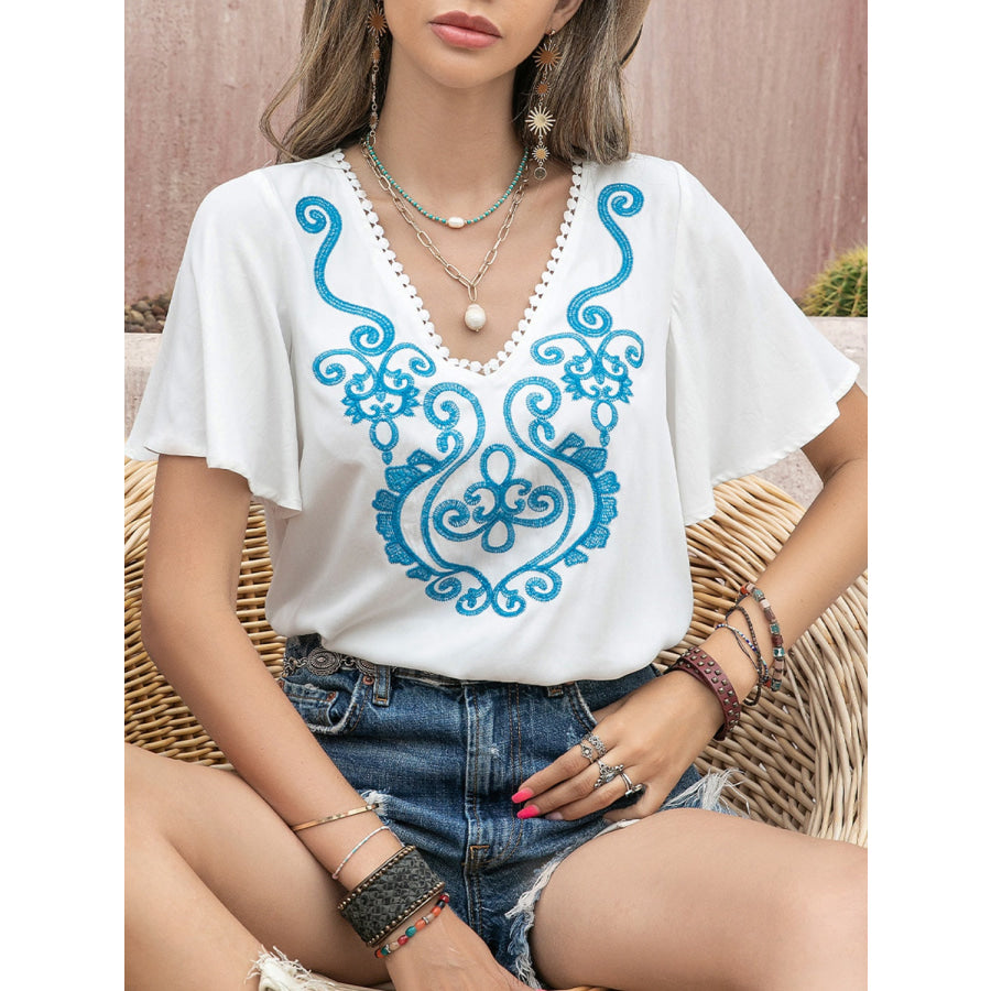 Graphic V - Neck Flutter Sleeve T - Shirt Apparel and Accessories