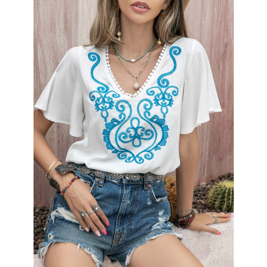 Graphic V - Neck Flutter Sleeve T - Shirt Apparel and Accessories