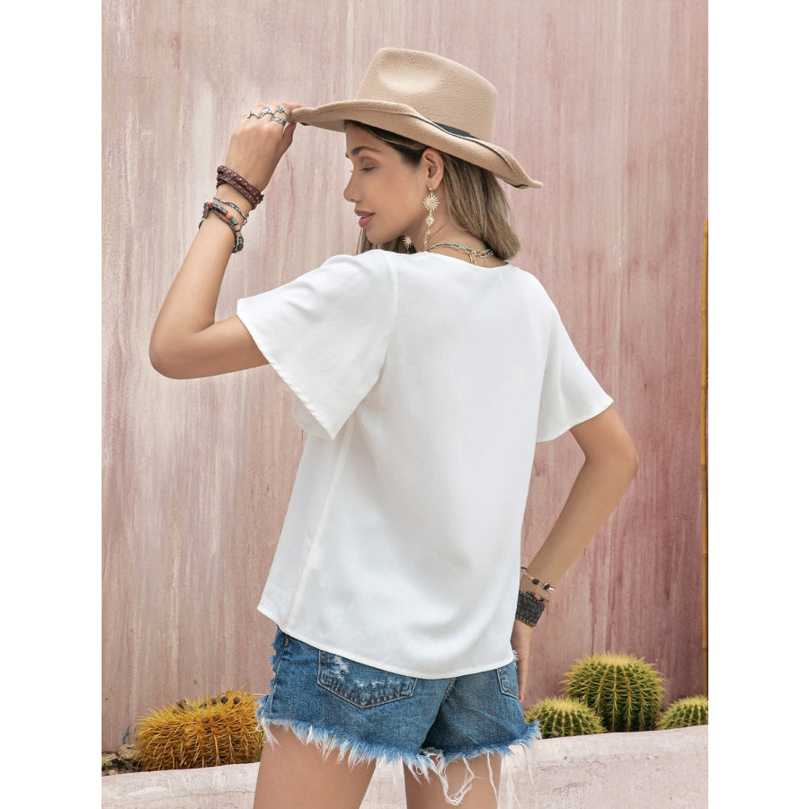 Graphic V - Neck Flutter Sleeve T - Shirt Apparel and Accessories