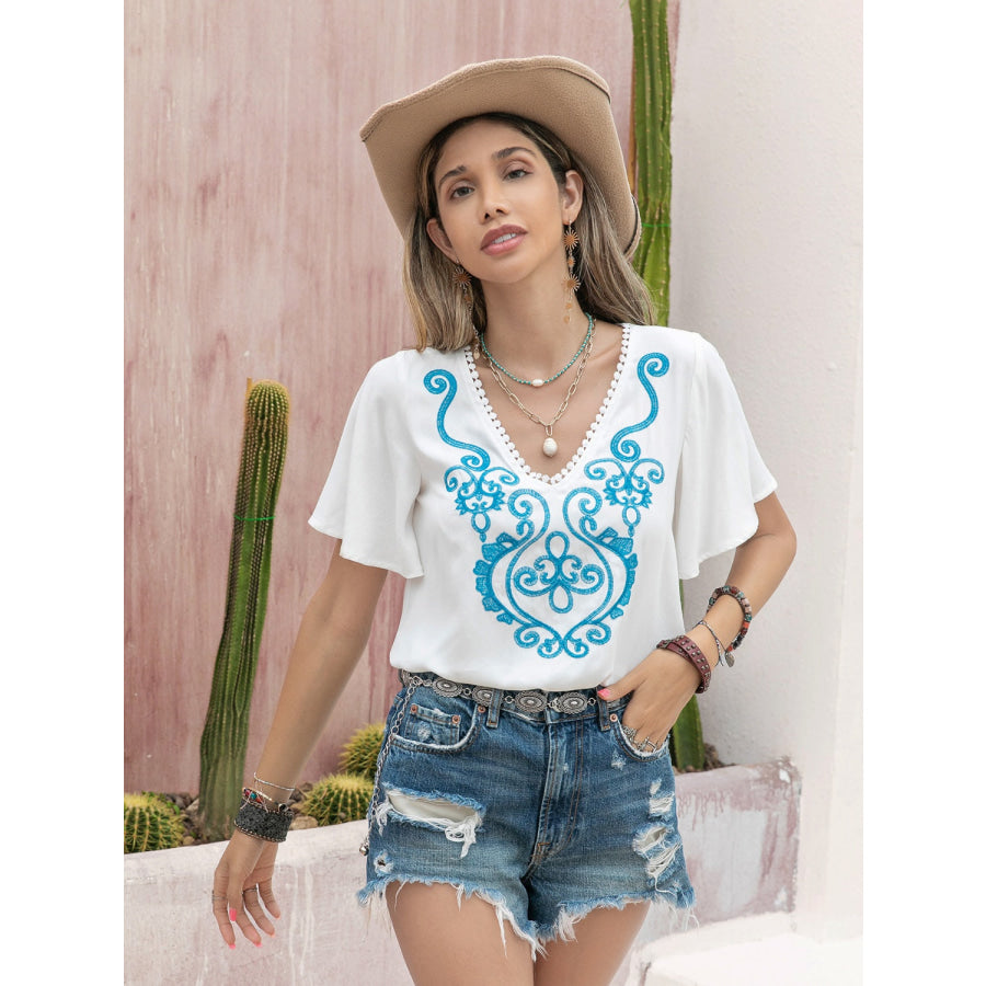 Graphic V - Neck Flutter Sleeve T - Shirt White / S Apparel and Accessories