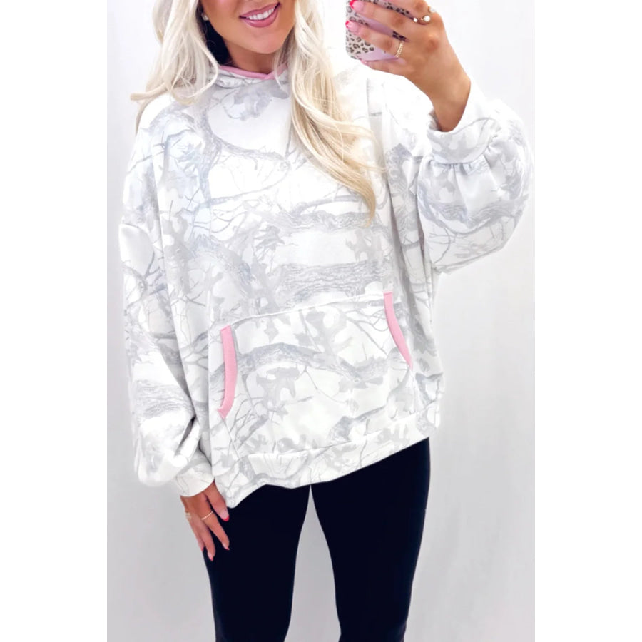 Gray Abstract Print Colorblock Long Sleeve Hoodie / S / 100% Polyester Tops/Sweatshirts & Hoodies