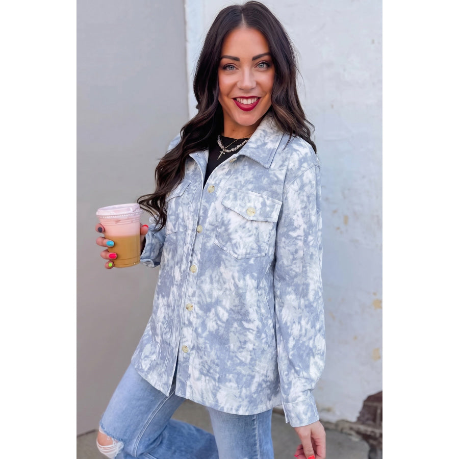 Gray Abstract Print Fuzzy Collar Long Sleeve Patch Pocket Tunic Jacket Outerwear/Jackets