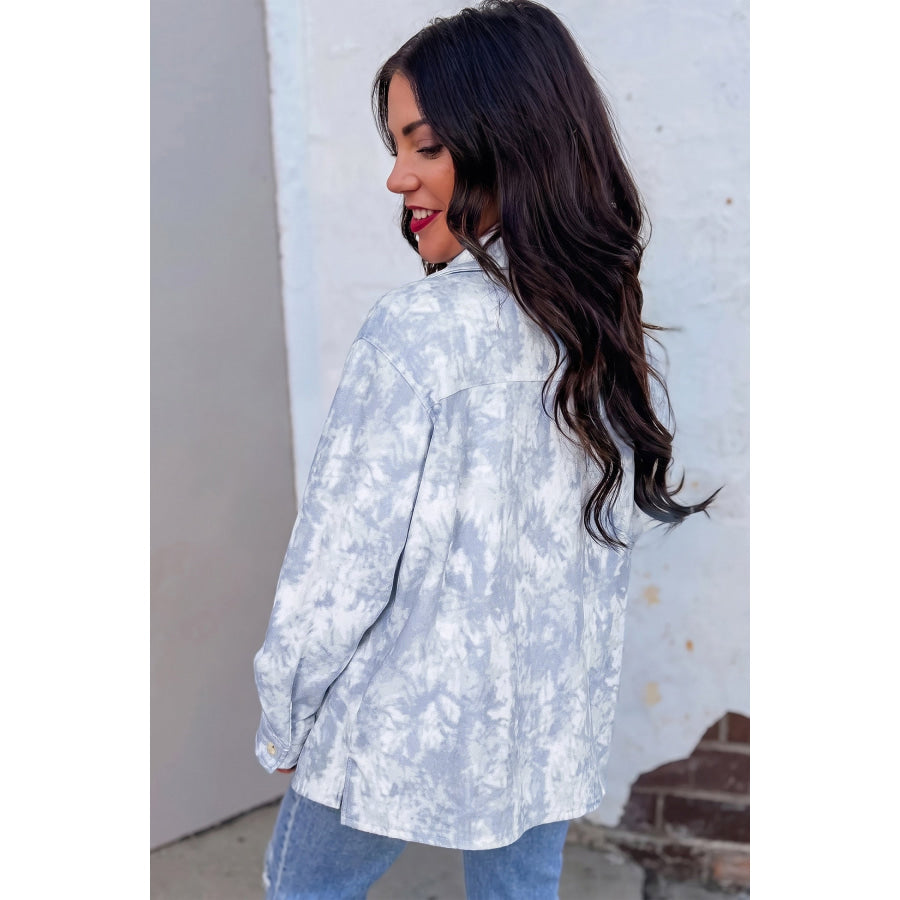 Gray Abstract Print Fuzzy Collar Long Sleeve Patch Pocket Tunic Jacket / S / 100% Polyester Outerwear/Jackets