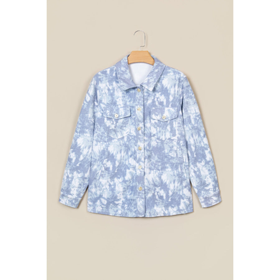 Gray Abstract Print Fuzzy Collar Long Sleeve Patch Pocket Tunic Jacket Outerwear/Jackets