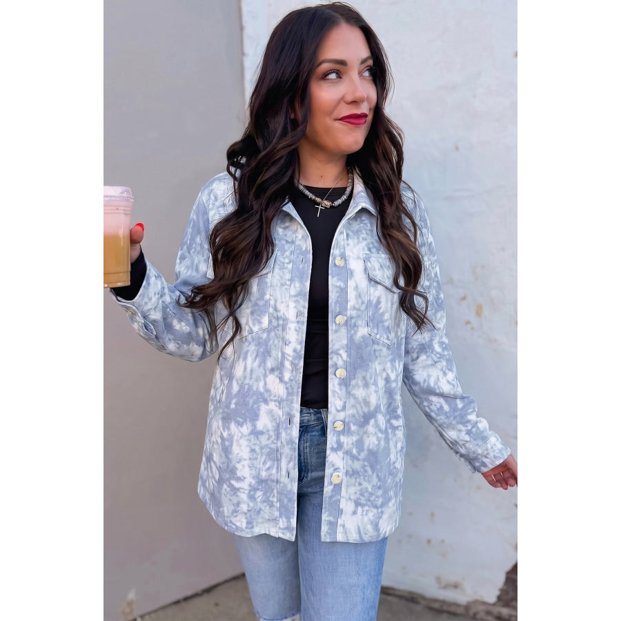Gray Abstract Print Fuzzy Collar Long Sleeve Patch Pocket Tunic Jacket Outerwear/Jackets