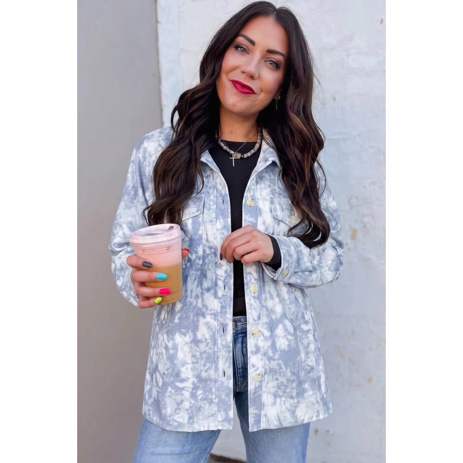 Gray Abstract Print Fuzzy Collar Long Sleeve Patch Pocket Tunic Jacket Outerwear/Jackets
