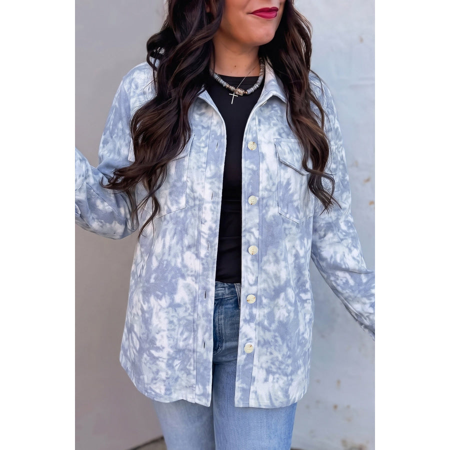 Gray Abstract Print Fuzzy Collar Long Sleeve Patch Pocket Tunic Jacket / S / 100% Polyester Outerwear/Jackets