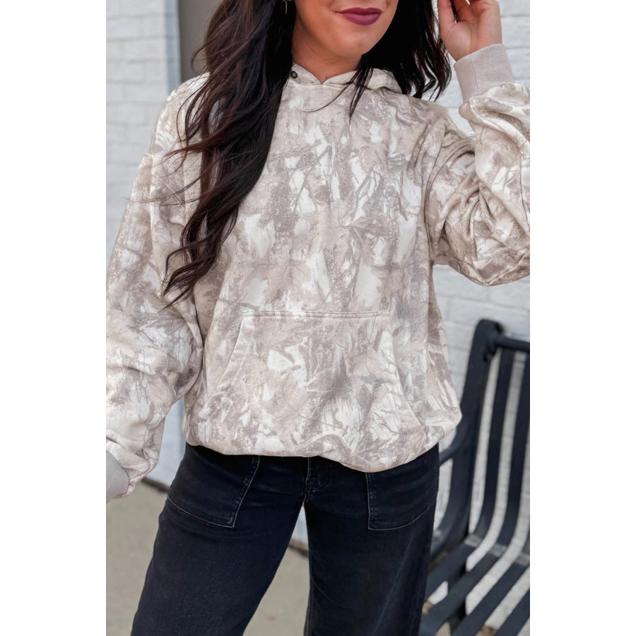 Gray Abstract Print Ribbed Cuffs Hem Long Sleeve Hoodie Gray / S / 100% Polyester Tops/Sweatshirts & Hoodies